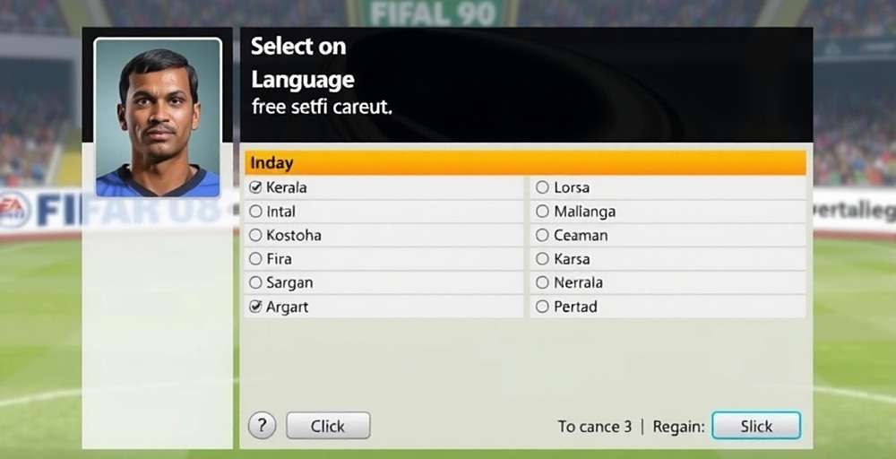 Language Selection Interface Language selection screen in FIFA 08: Gokulam Kerala Career showing multiple Indian language options
